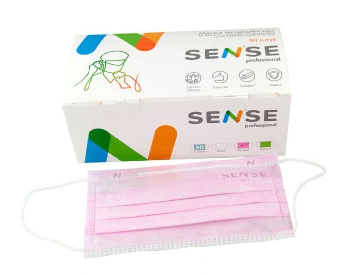 ПТ, Маска SENSE однораз.3-х слойная 50шт РОЗОВЫЙ meltblown картон/кор.
