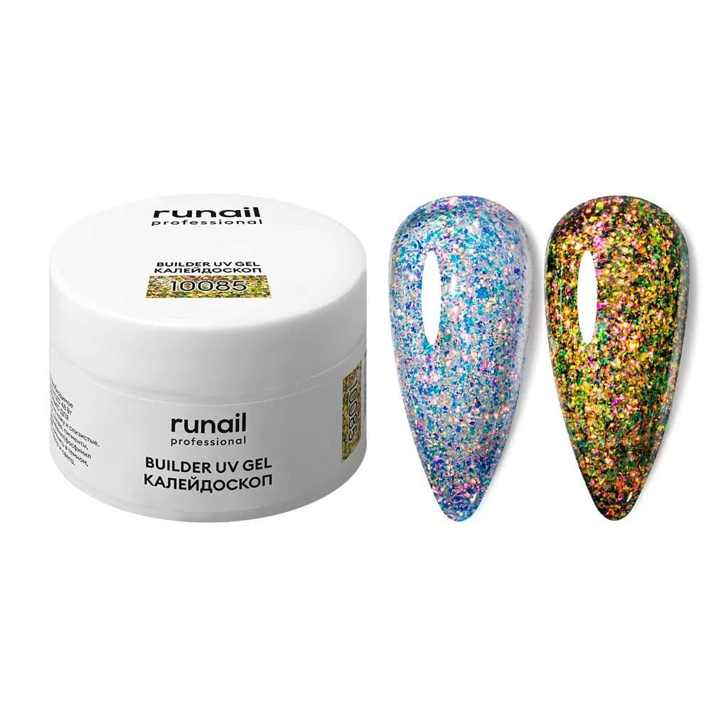 Runail, Моделирующий УФ-гель с эффектом битого стекла BUILDER UV GEL Калейдоскоп № 10085, 15г 